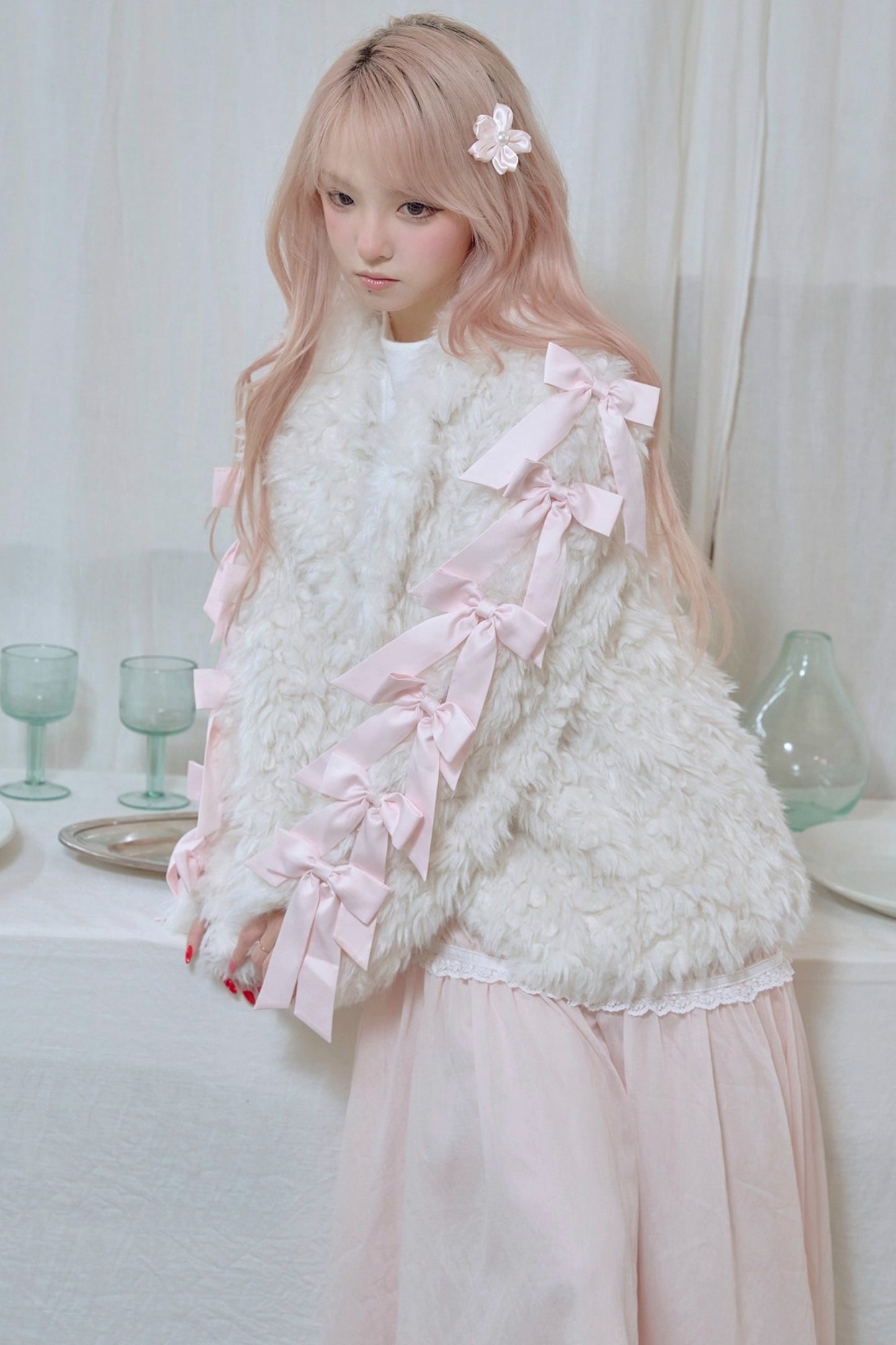 White Satin Bow Lamb Fur Coat