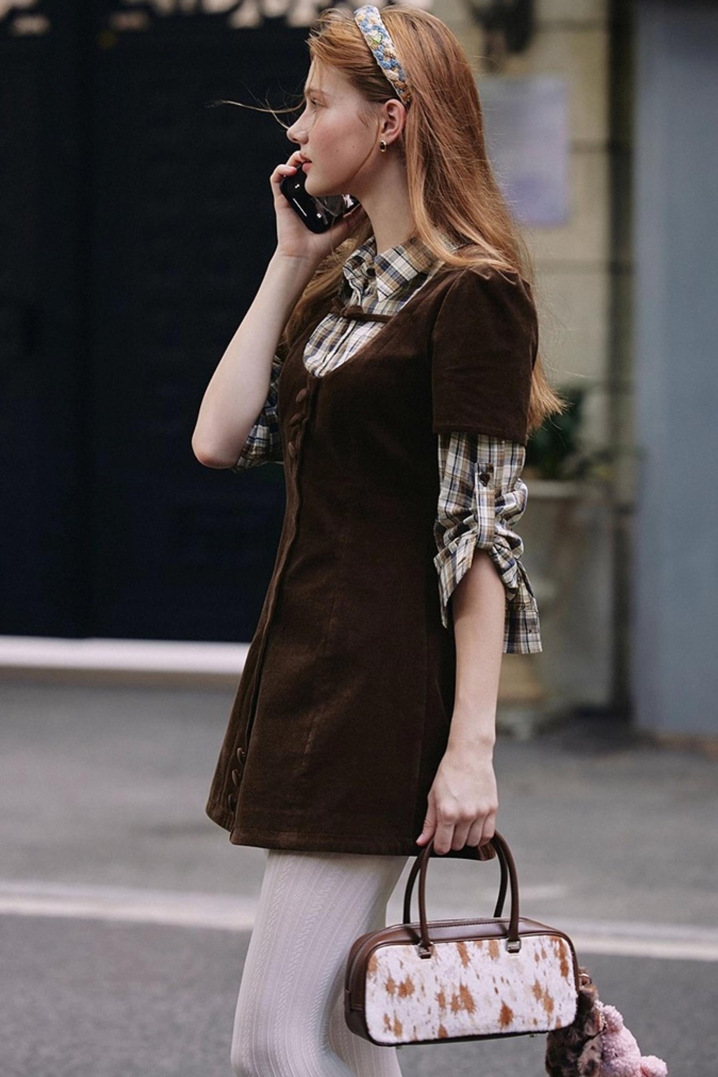 Brown Plaid Corduroy Dress