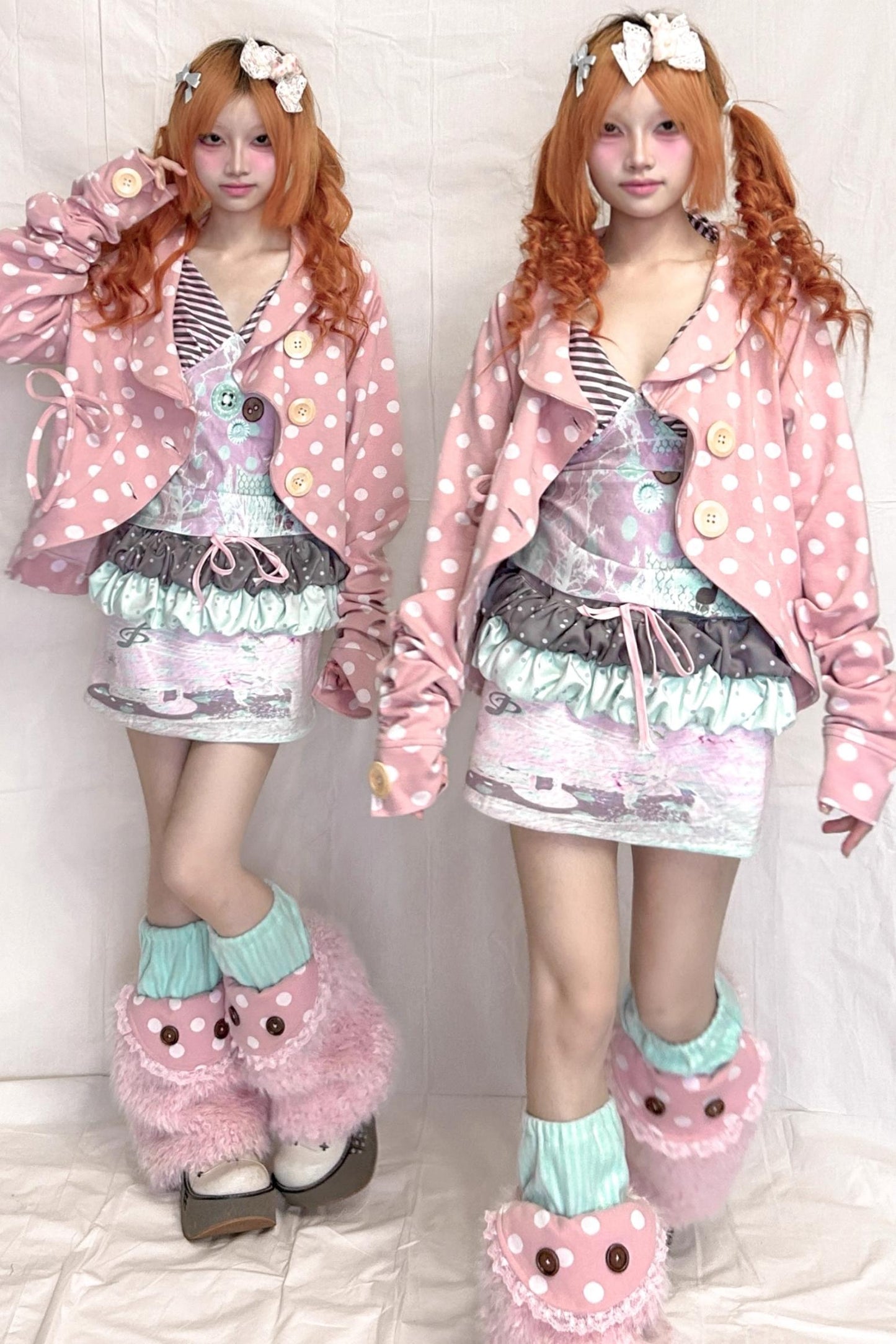 Childlike Wooden Polka Dot Pleated Long Sleeve Jacket