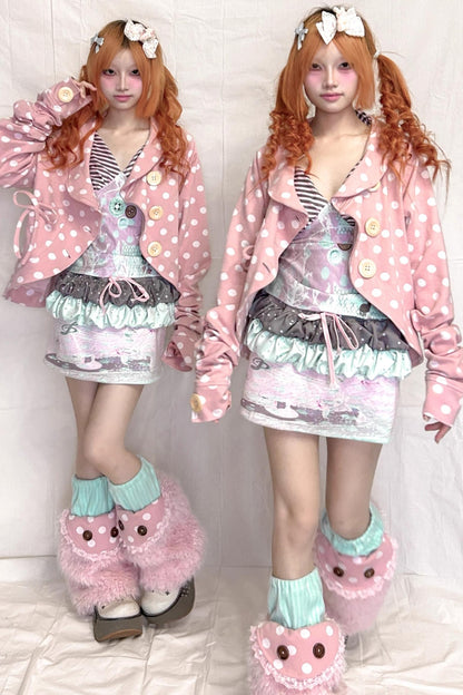 Childlike Wooden Polka Dot Pleated Long Sleeve Jacket