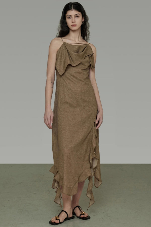 Asymmetric Ruffle Halter Dress