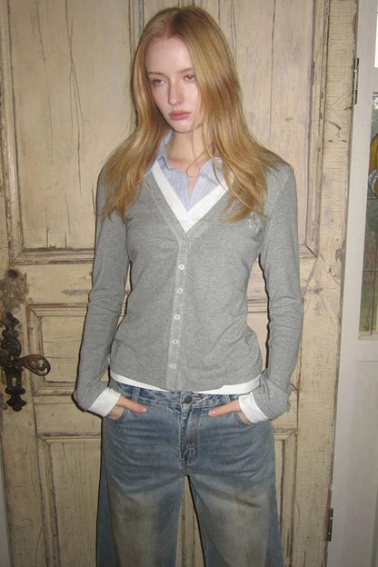 Gray Embroidered Knit Blouse