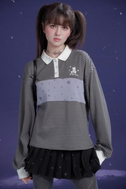 Gray-Purple Striped Polo Top
