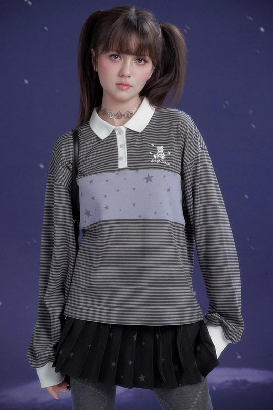 Gray-Purple Striped Polo Top
