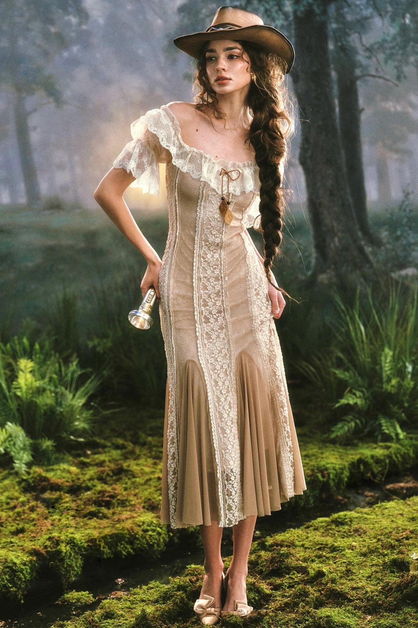 French Countryside Lace One-Shoulder Dress