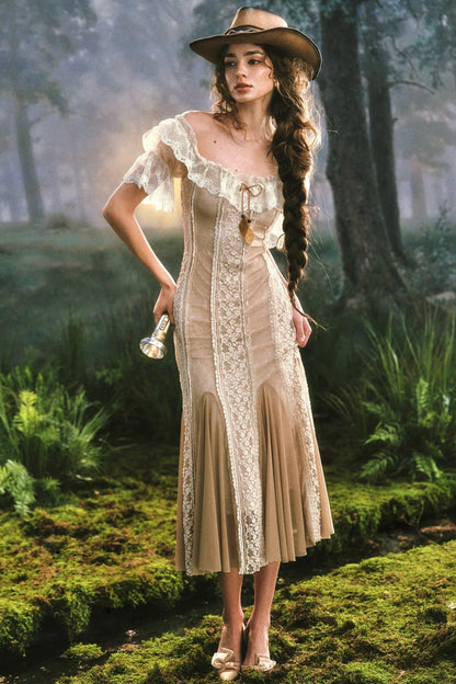 French Countryside Lace One-Shoulder Dress