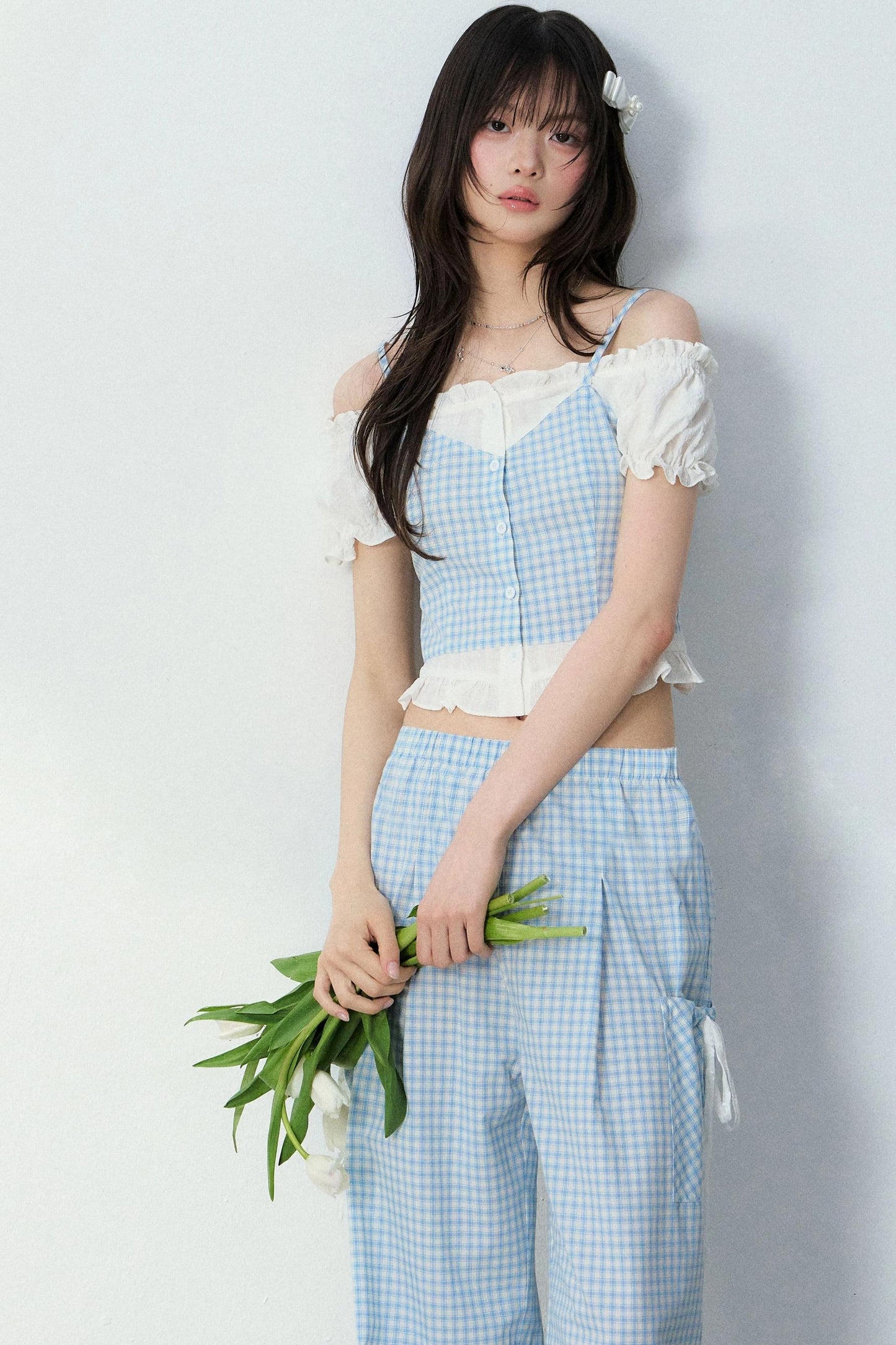 Blue Plaid Off-Shoulder Top Set-Up