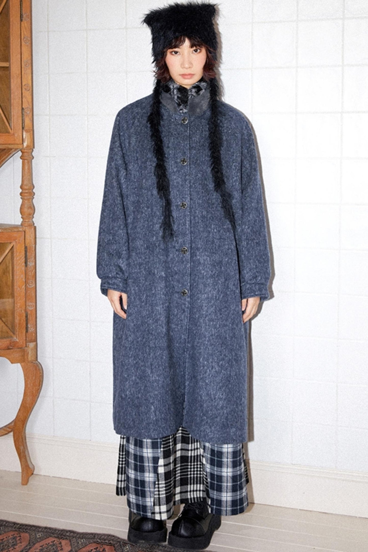 Retro Check Fur Coat