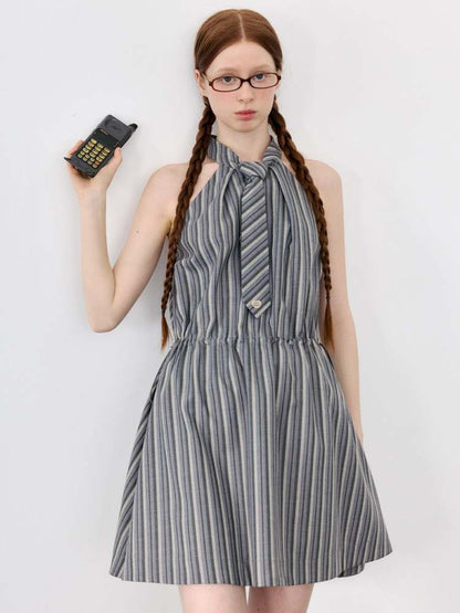 Halter Neck Tie Sleeveless Striped A-Line Dress