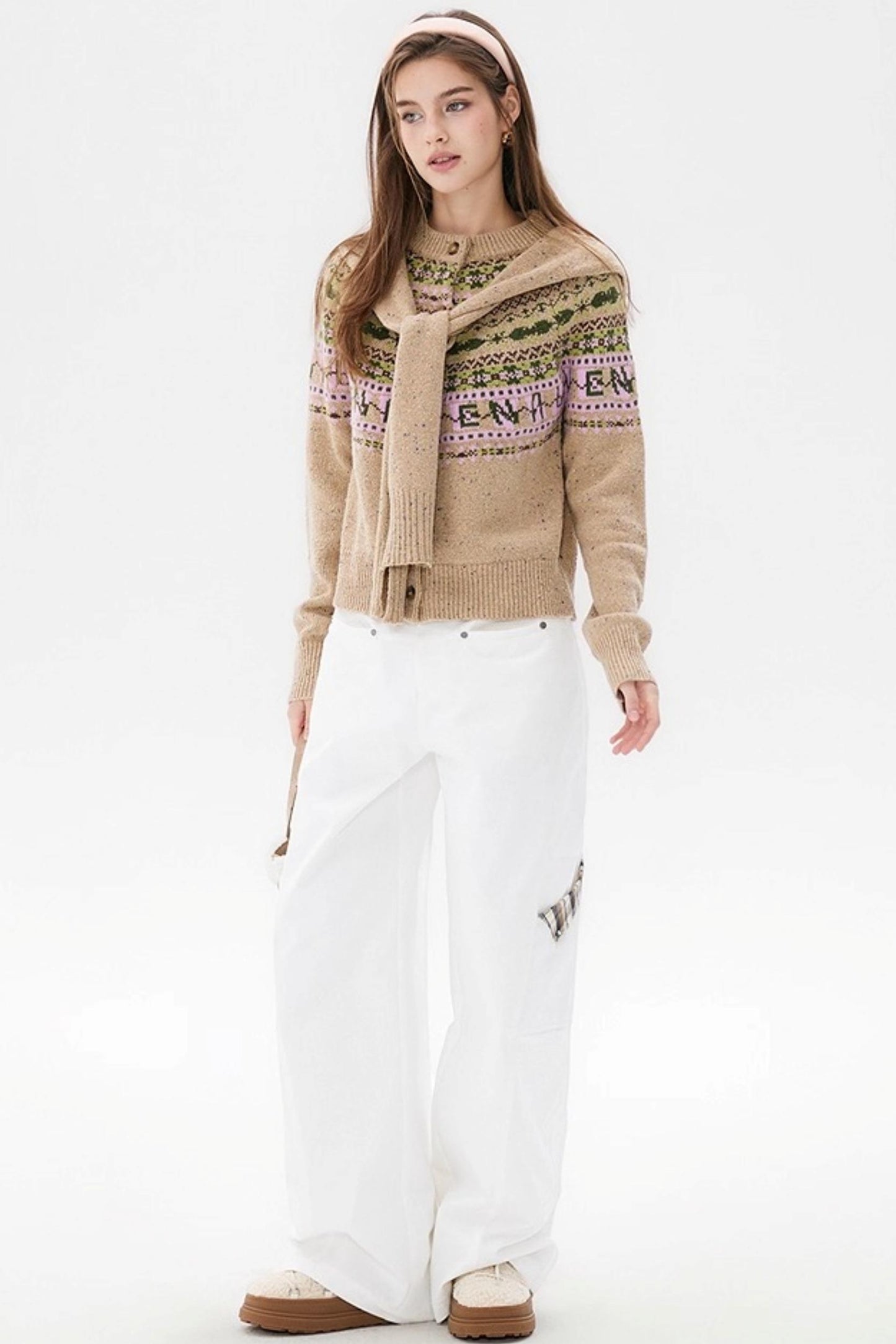 Khaki Fair Isle Wool Cardigan
