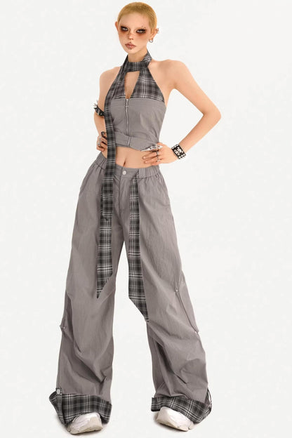 Plaid Halter Vest V-Neck Suit Set-Up