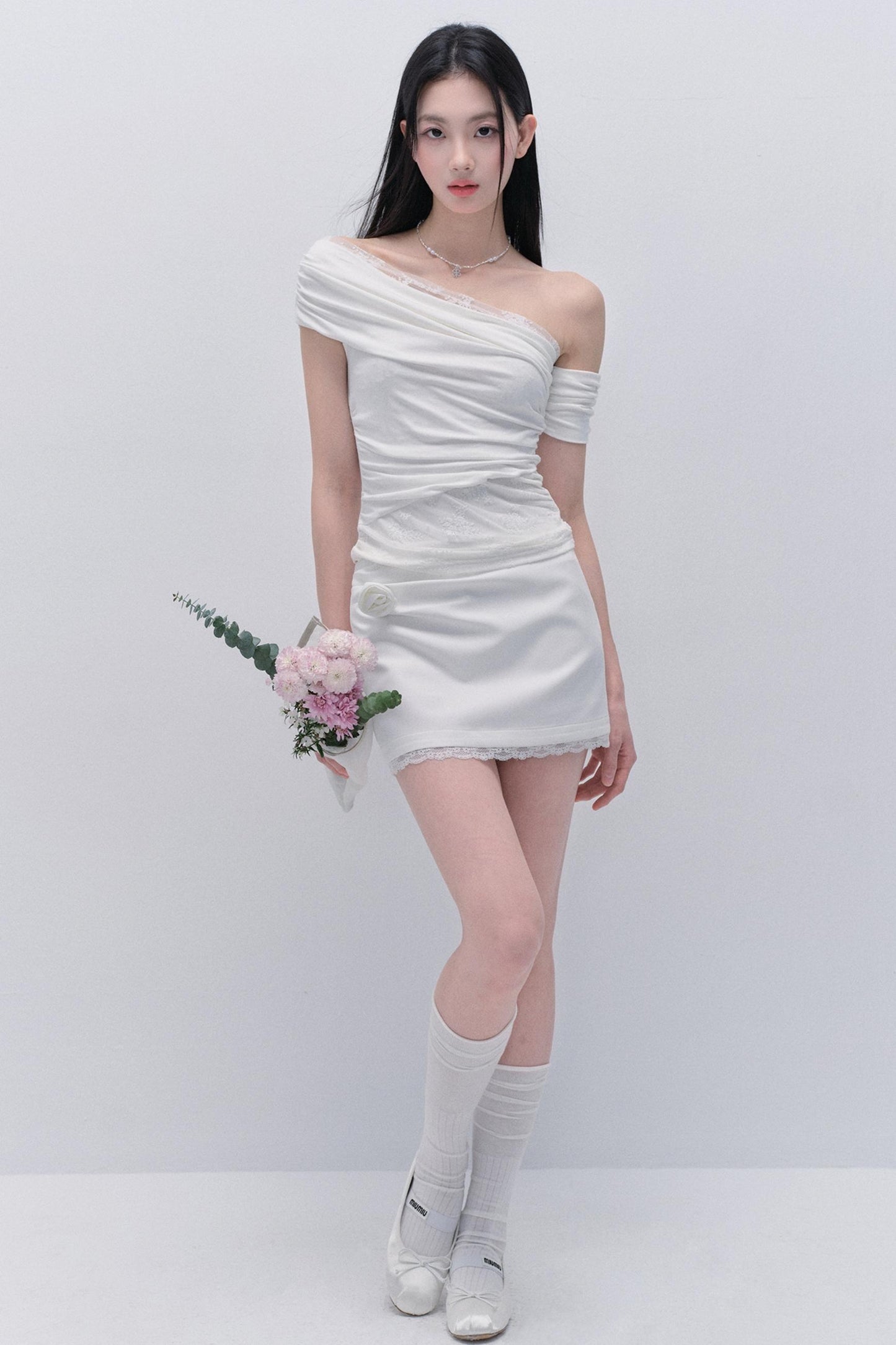 Lace Slash One-Shoulder Spring Skirt Set-Up