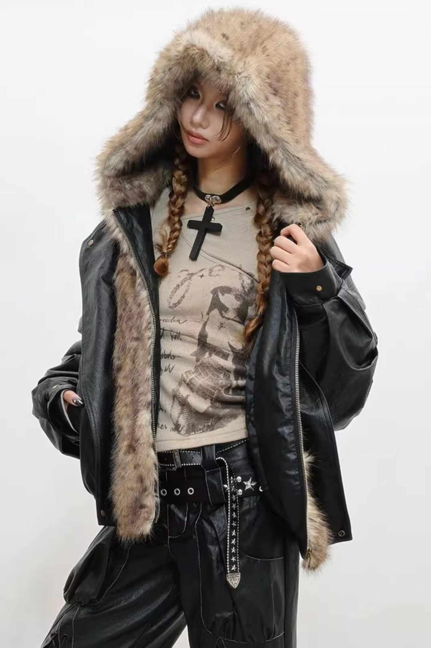 Invisible Fur Patchwork Leather Jacket