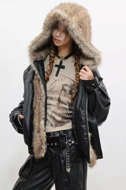 Invisible Fur Patchwork Leather Jacket