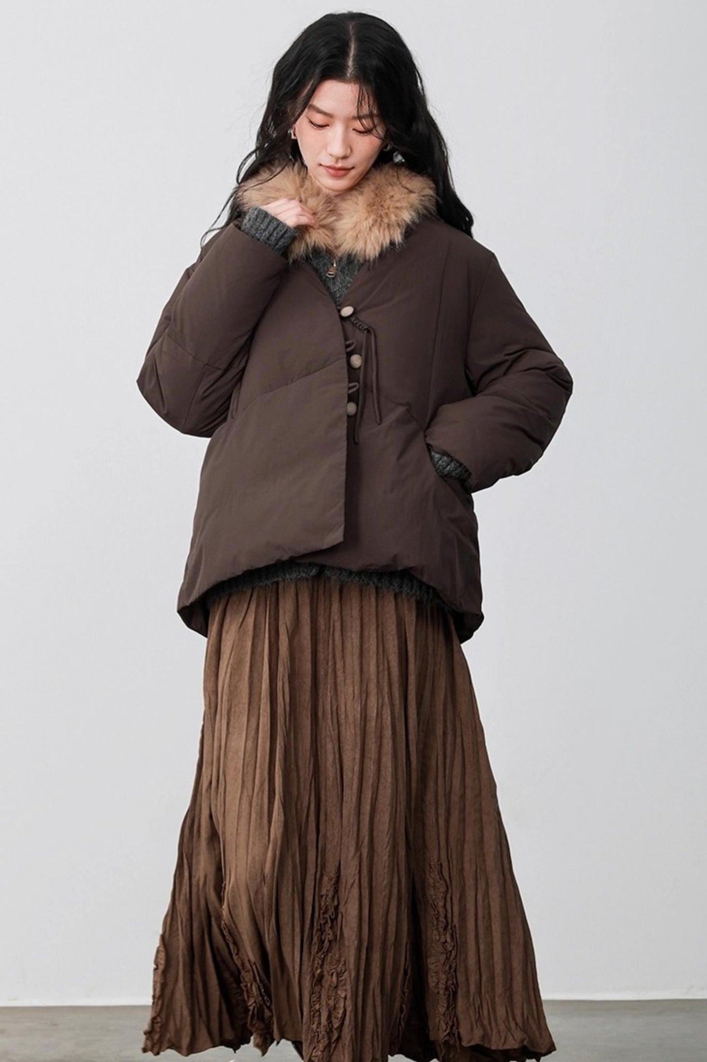 Fog Gray Fur Collar Hooded Jacket