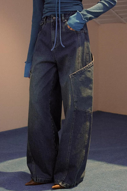 Wide-Leg Diagonal Pocket Jeans