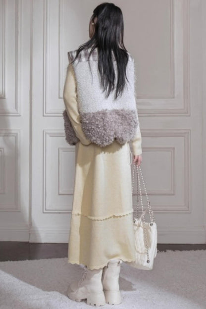 Cream Gray Lace Wool Dress