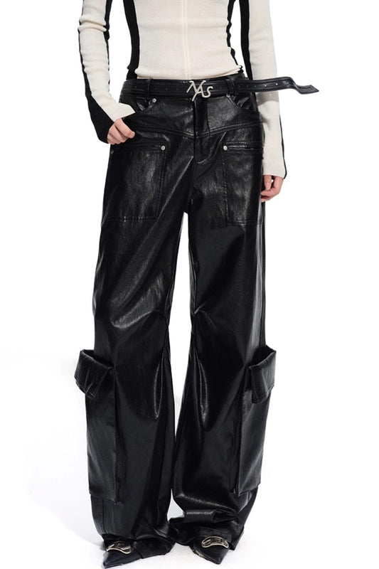 Punk Pebbled Wide-Leg Leather Pants