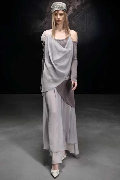 Chiffon-Patchwork-Bluse mit asymmetrischem Schnitt