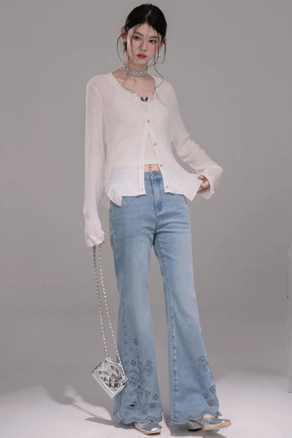 Laser Embroidery Denim Pants