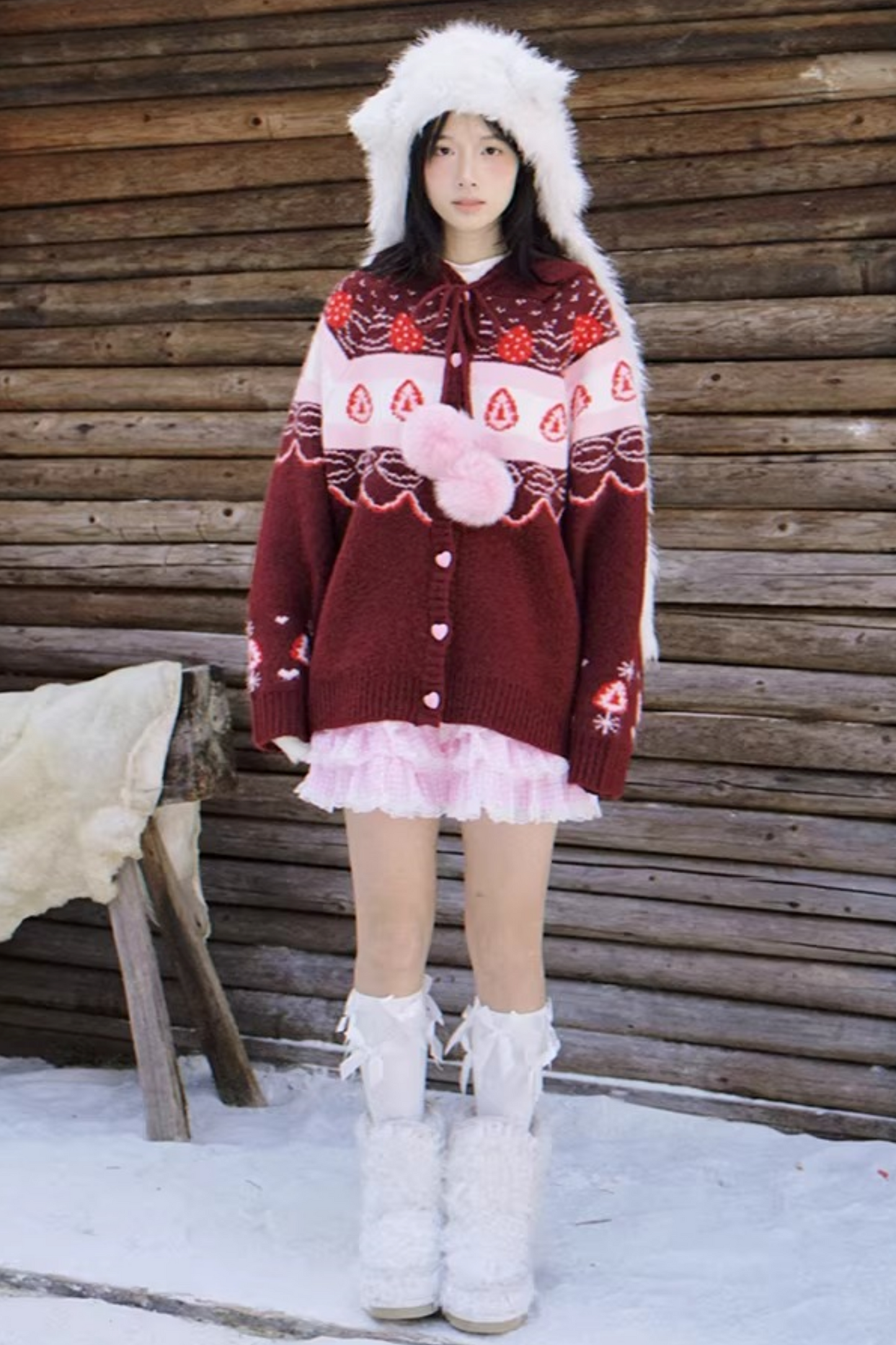 Fair Isle Strickjacke mit Erdbeermuster