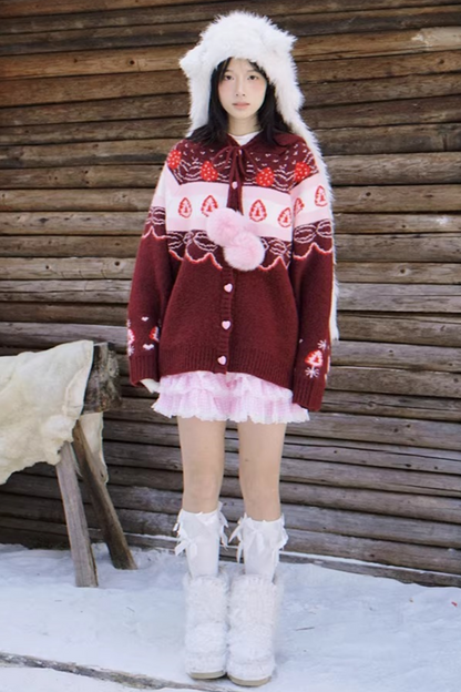 Fair Isle Strickjacke mit Erdbeermuster