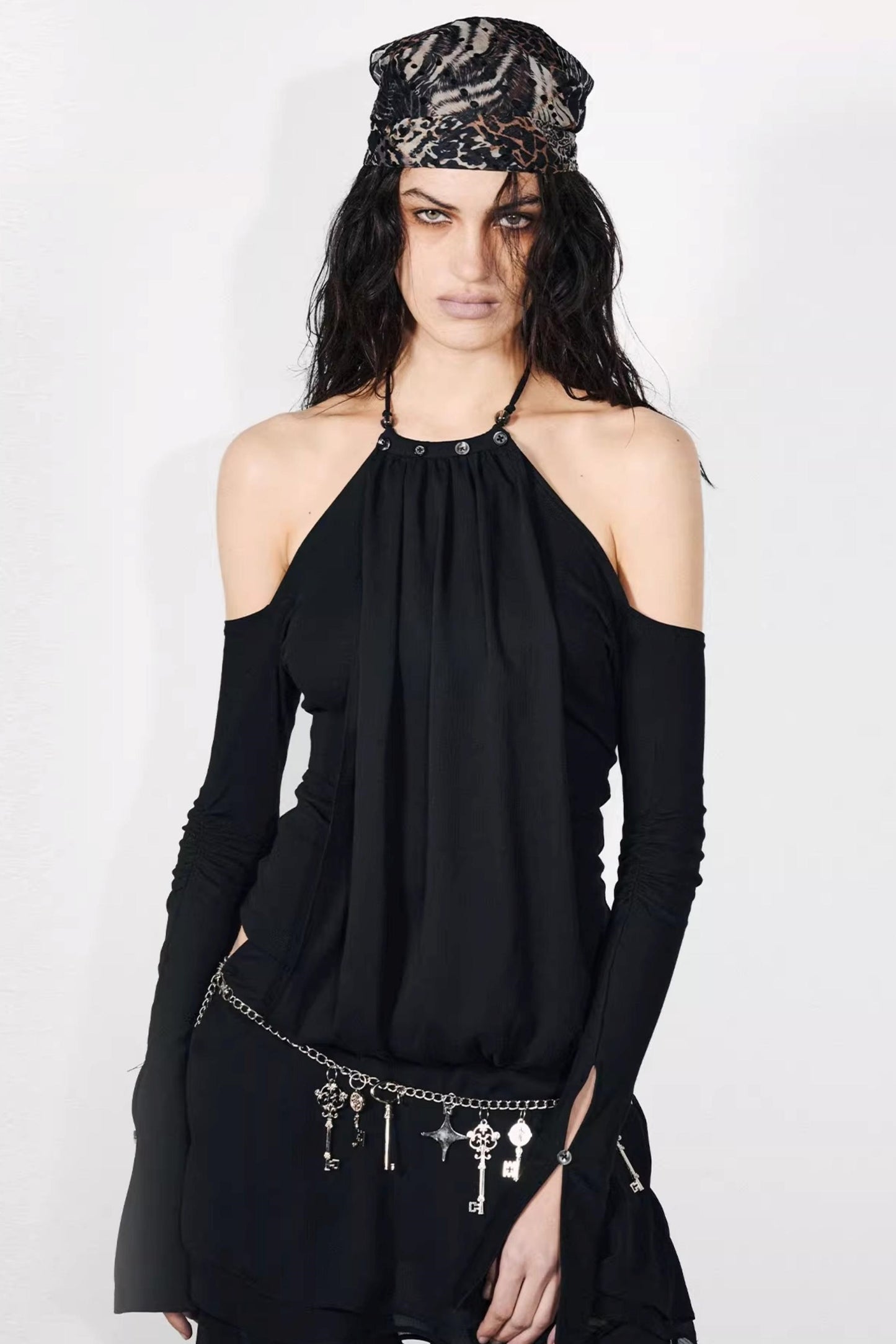 Chiffon-Patchwork-Oberteil mit schulterfreiem Design