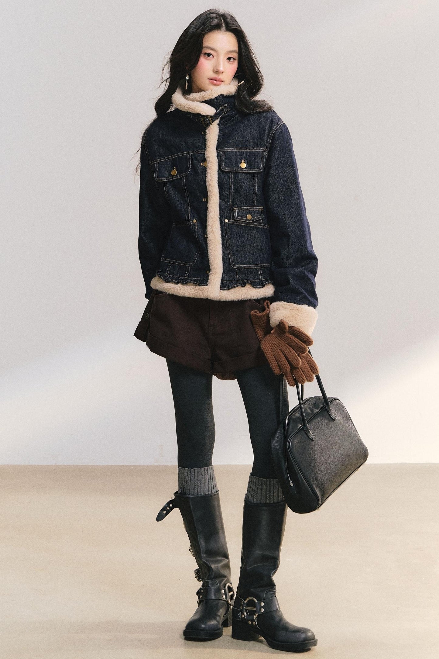 Denim Lace Trim Fur Coat