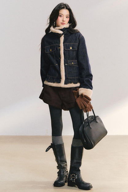 Denim Lace Trim Fur Coat