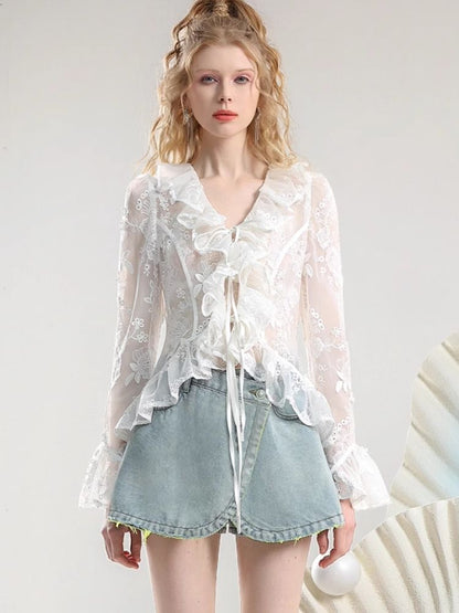 Embroidery Organza Tie Romantic Cardigan