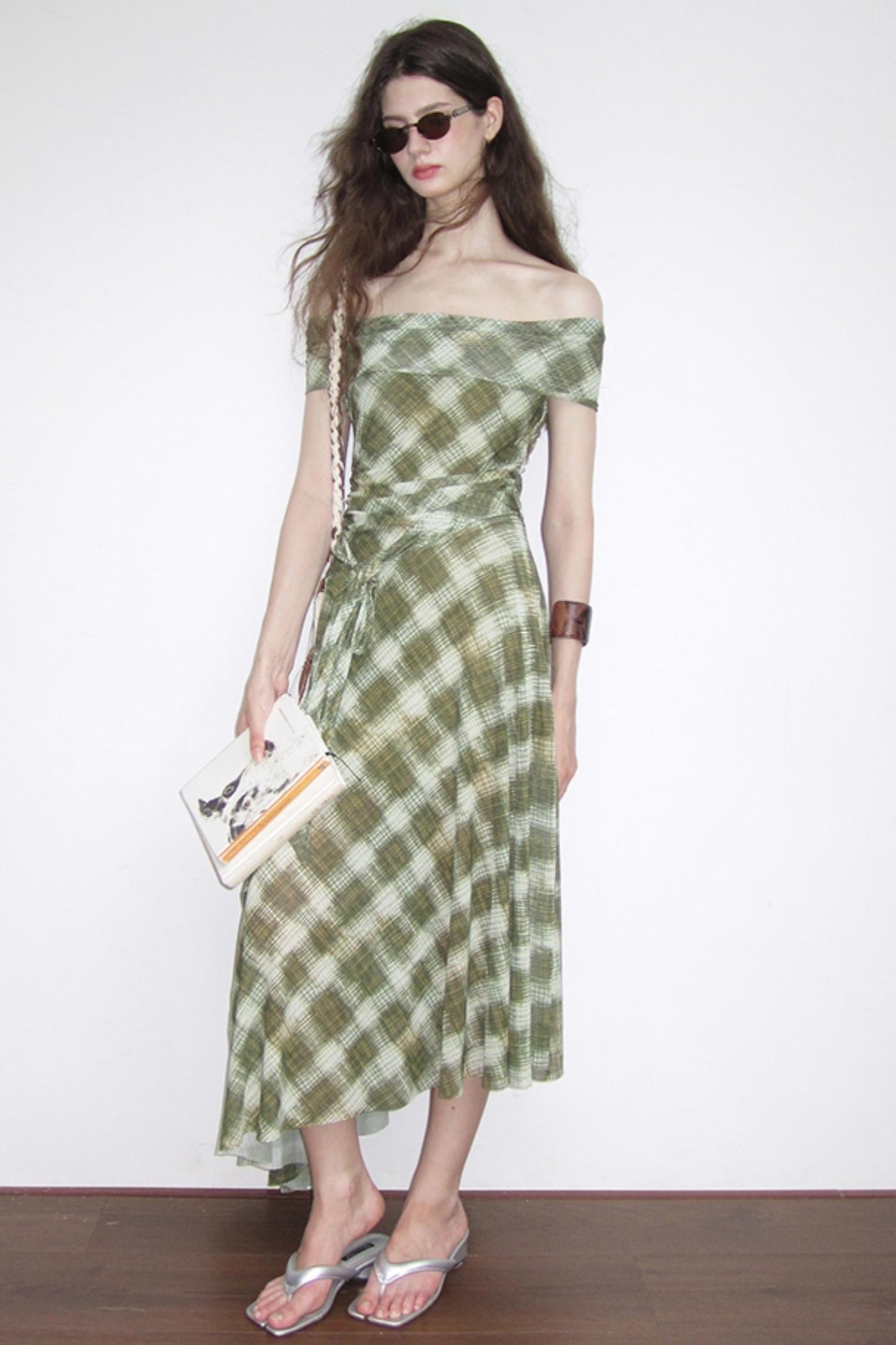 Mesh Check One-Shoulder Dress