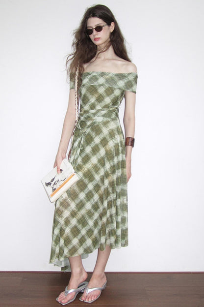 Mesh Check One-Shoulder Dress