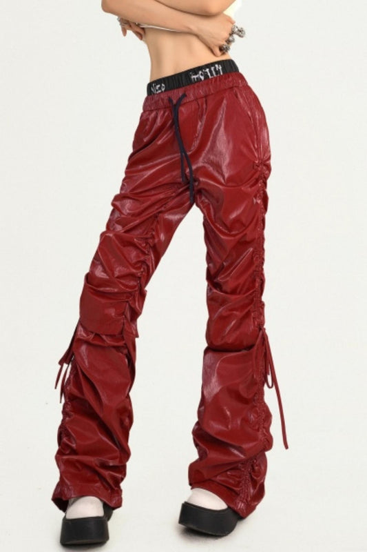 Red Pleated Leather Pants