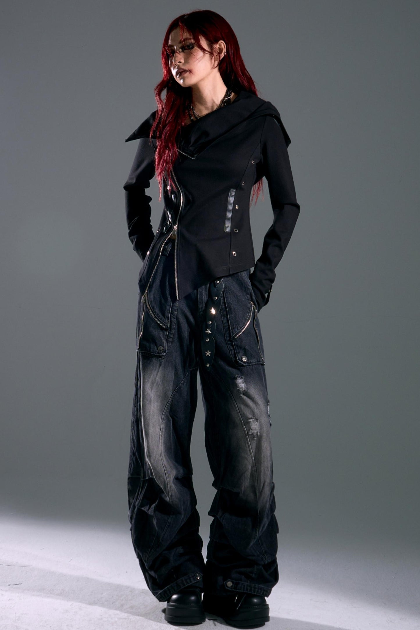 Hooded Asymmetrical Zip Knit Top