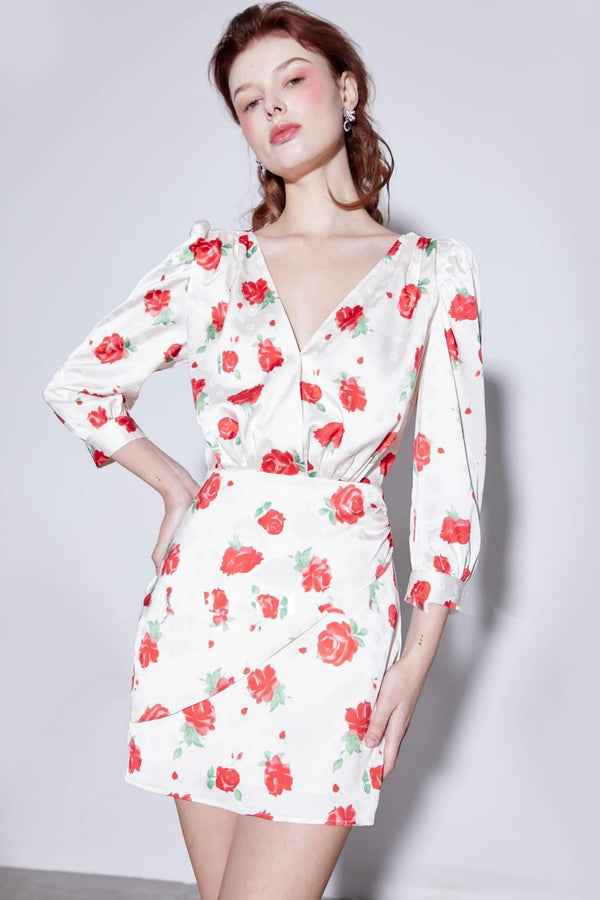 Satin Rose Jacquard V-Neck Dress