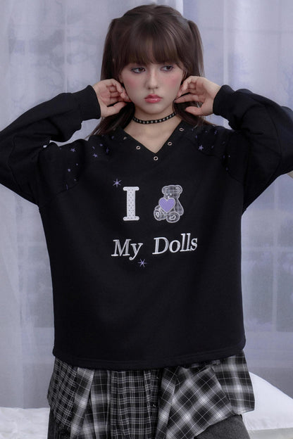 V-Neck Star Plaid Bear Sweatshirt