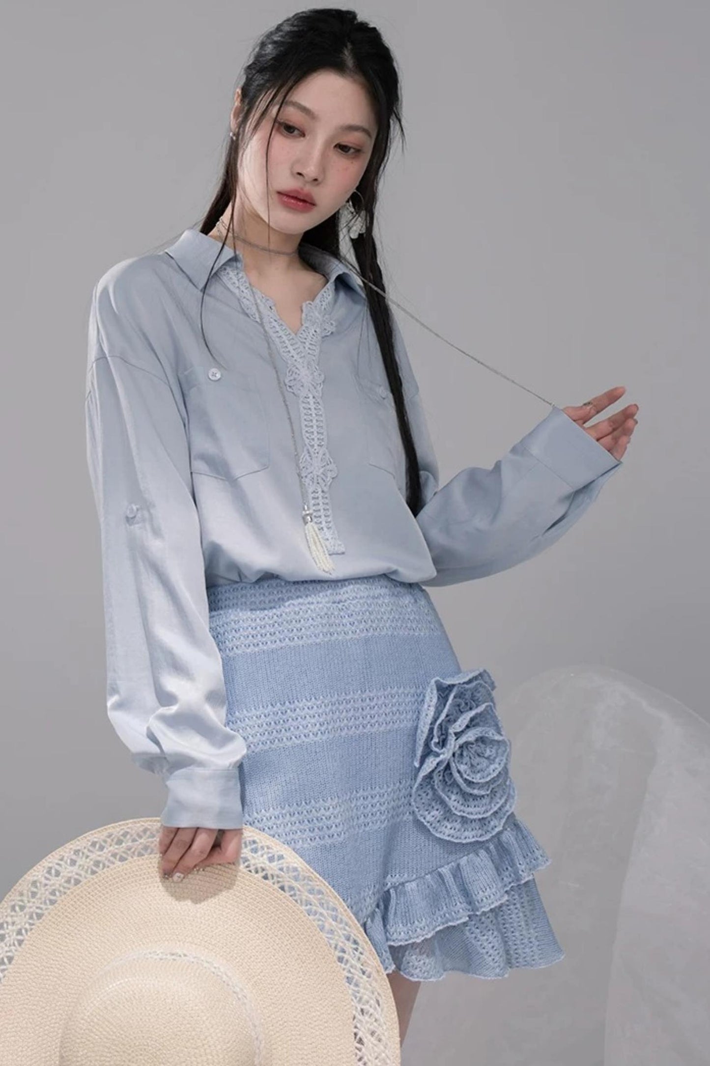 Mist Blue Lace Collar Shirt