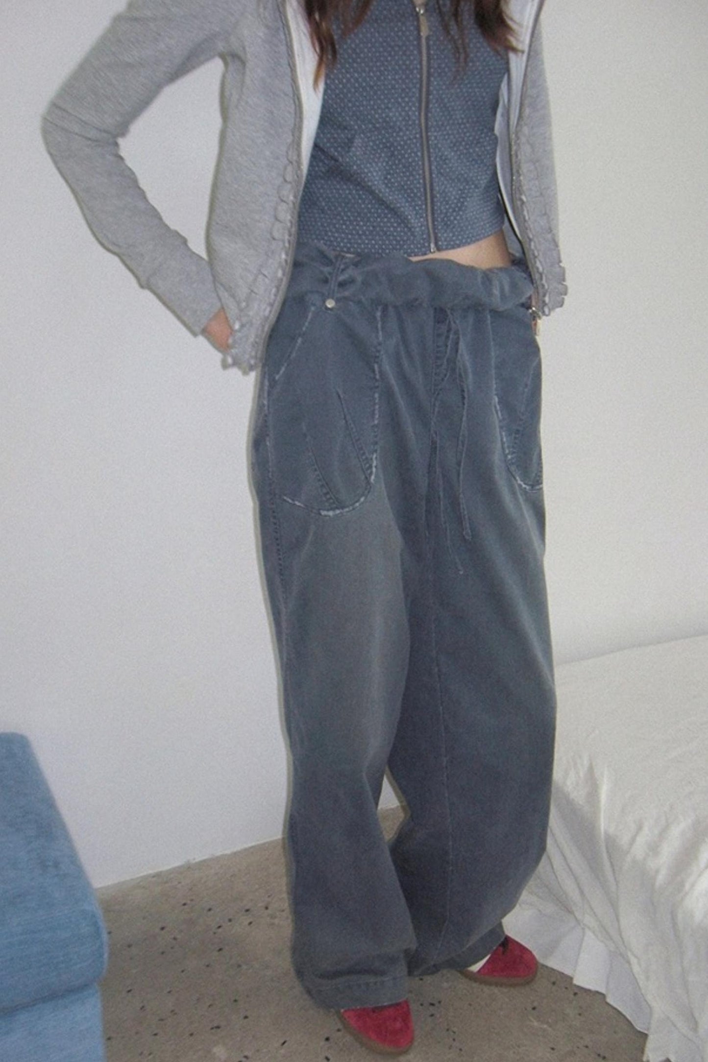 Washed Distressed Cuffed Waist Loose Pants