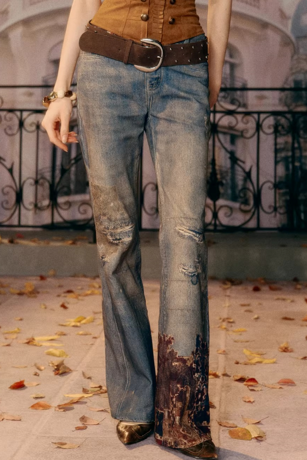 Vintage Pattern Flared Denim Pants