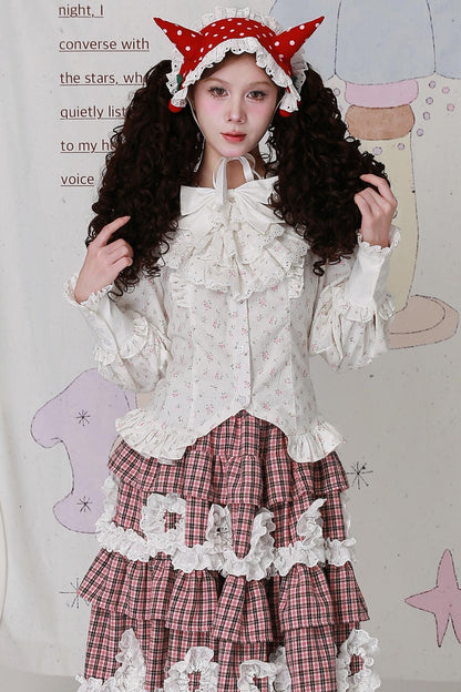 Retro Cute White Floral Top & Scarf Set