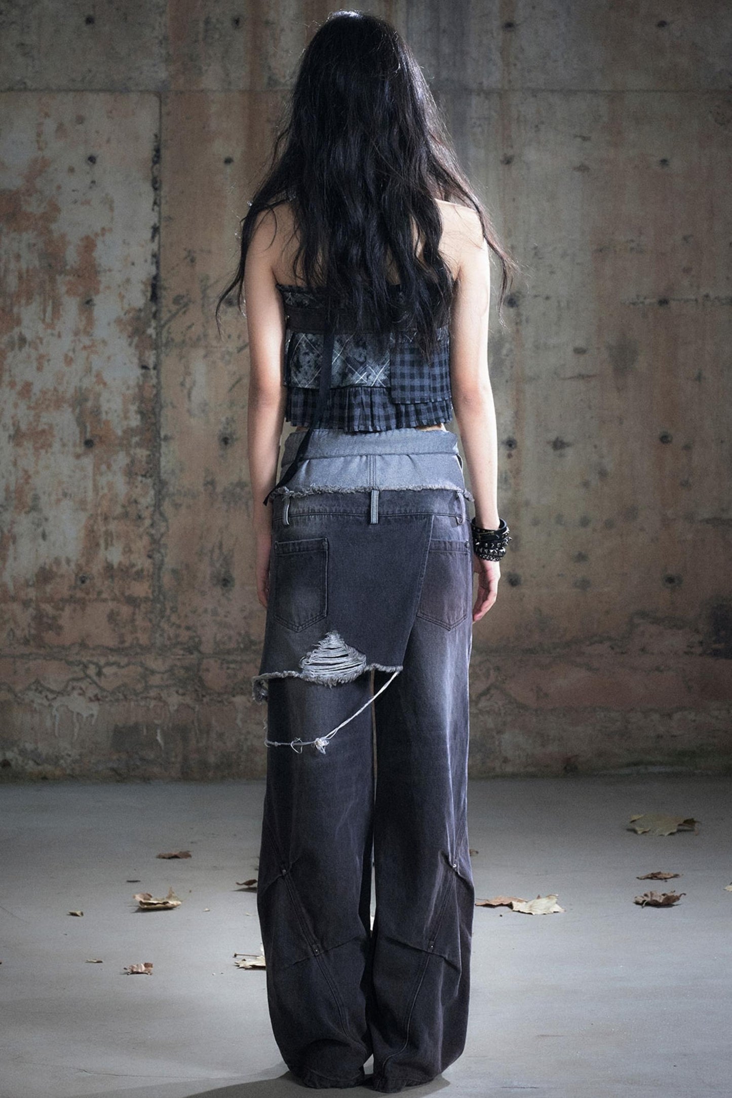 Double-Waist Patchwork Wide-Leg Pants