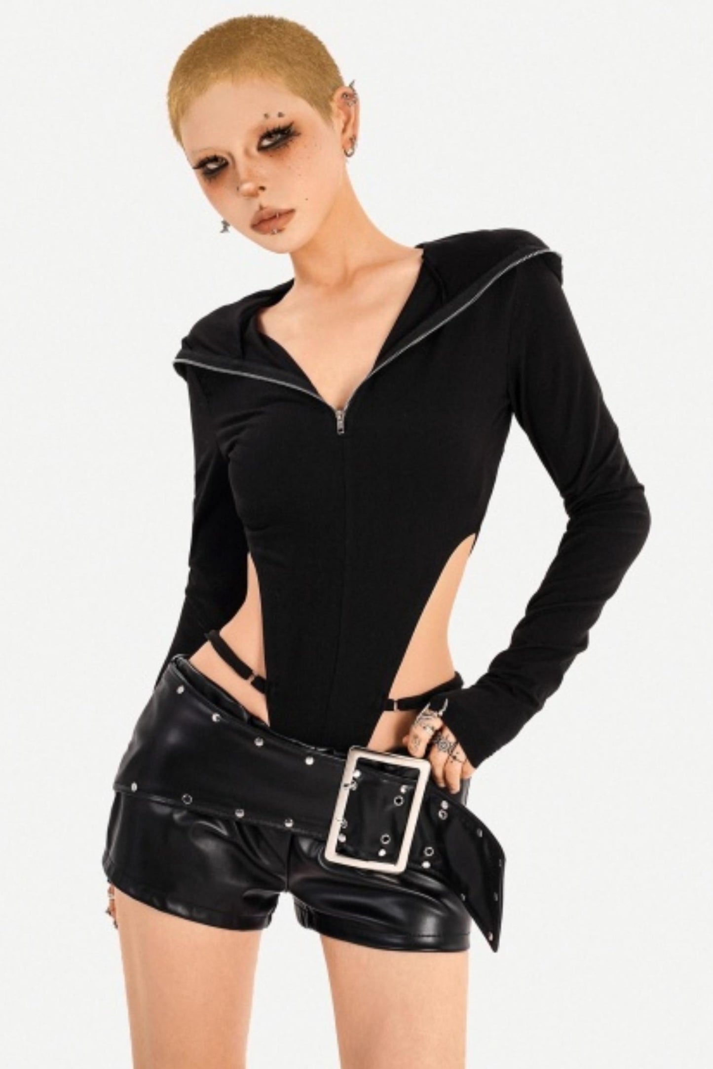 Black Zip-Up Hooded Bodysuit