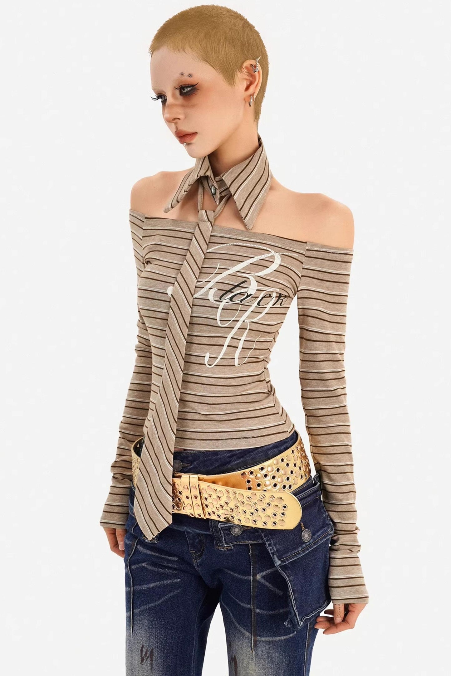Retro Gestreiftes Off-Shoulder-Top