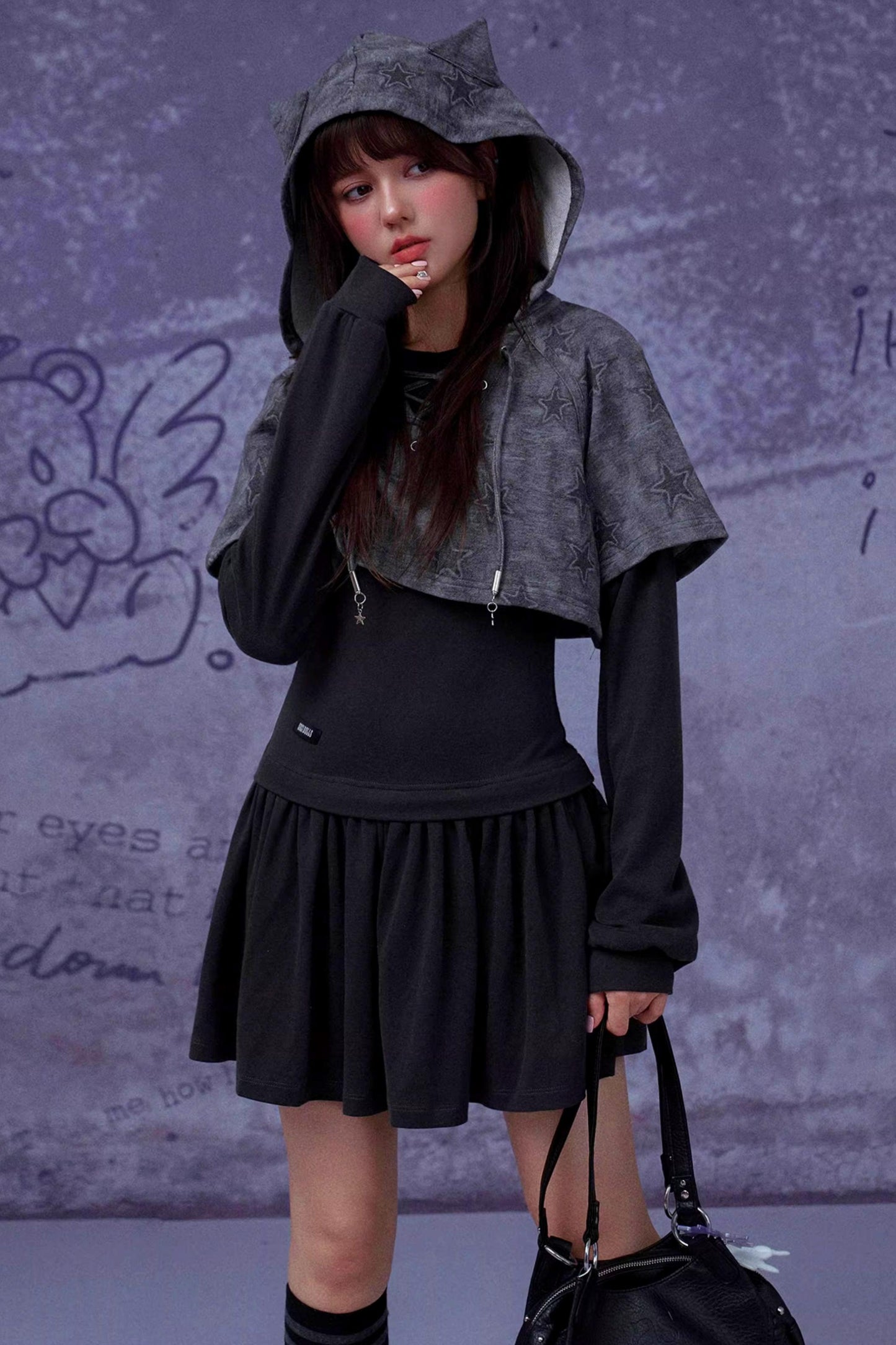 Gray Star Cat Ear Dress Set