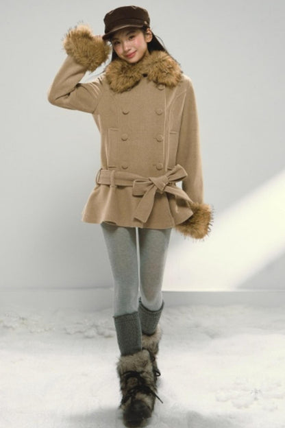 Khaki Ruffled Woolen Coat