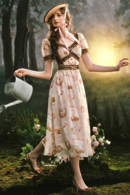 French Retro Lace Print Dress