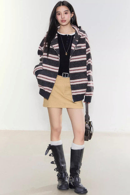 Gestreifte Kapuzen-Cardigan-Jacke