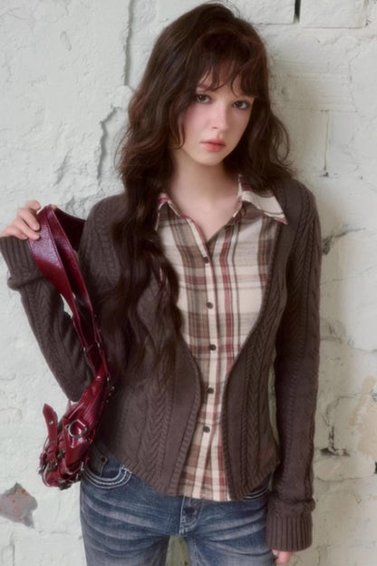 Plaid Splicing Fake Two-Piece Knit Sweater