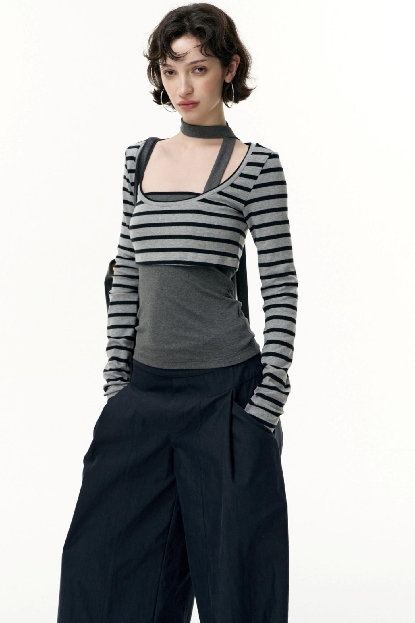 Contrast Long-Sleeved Top With Bandeau Set
