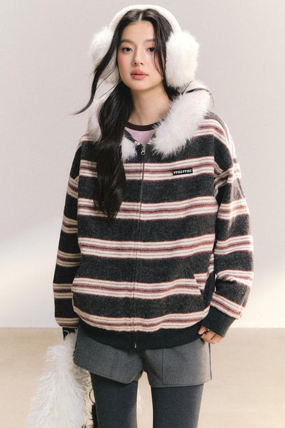Detachable Fur Collar Striped Jacket